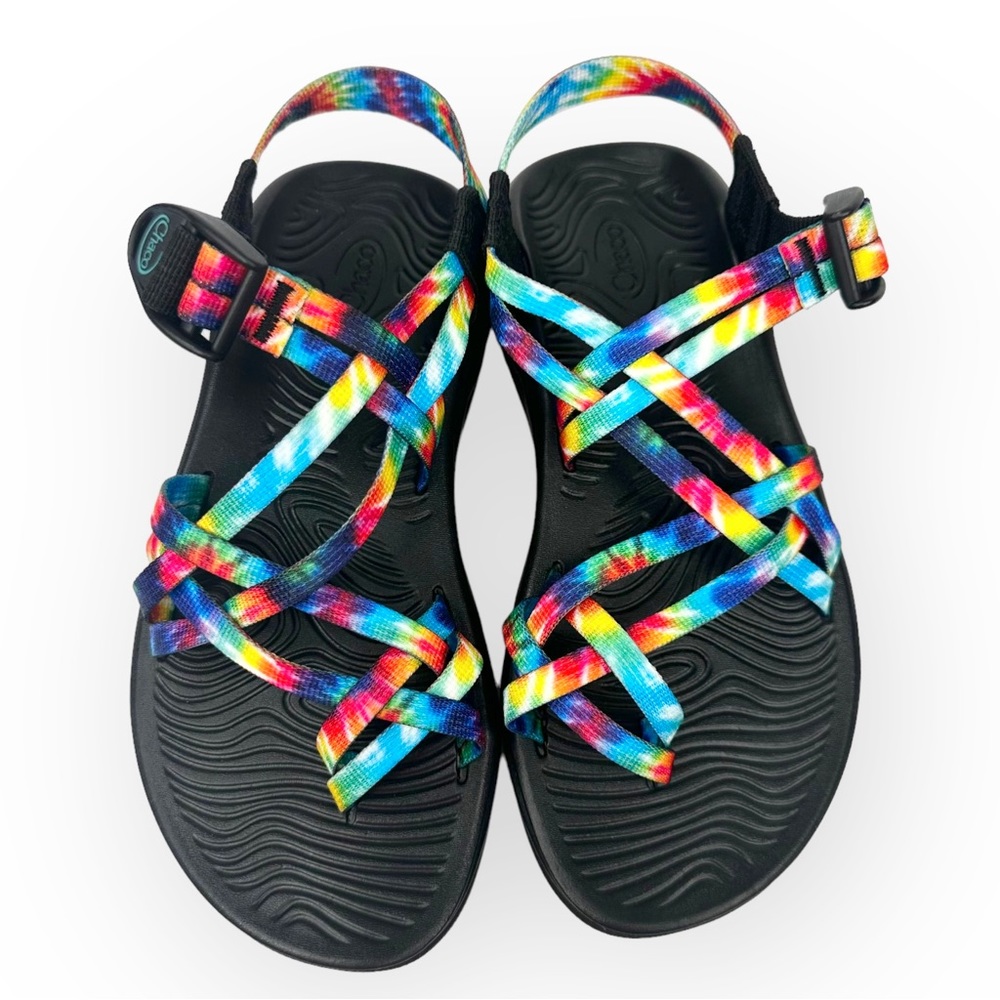 Chaco ZVOLV X2 rainbow tie dye sandals comfort strappy crisscross toe loop 6